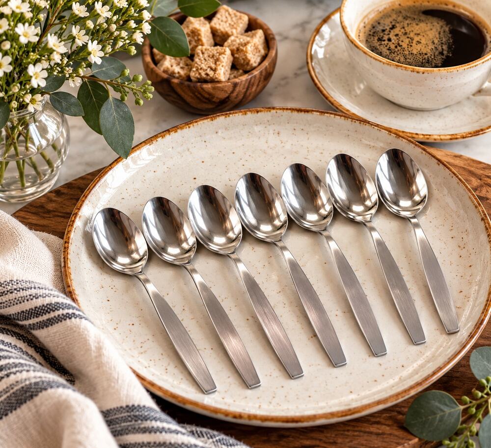 Vintage Hong Kong Stainless Steel Mini Coffee Dessert Spoons 5 Inch MCM Set of 7